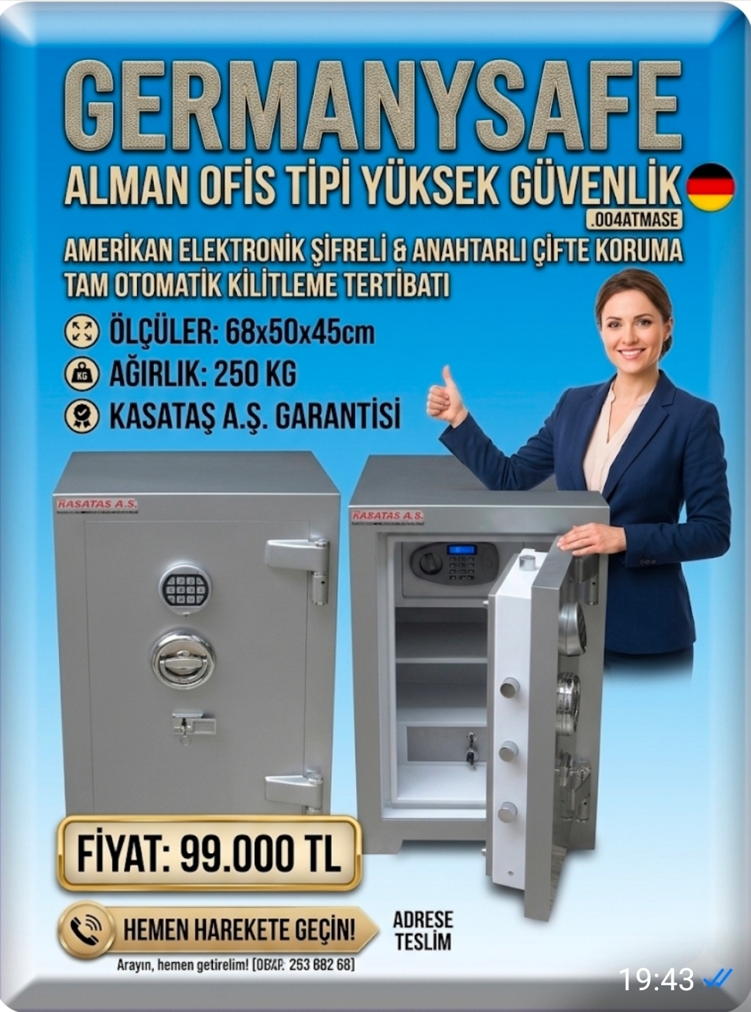 "                  ."         007TAS2EA GERMANYSAFE ALMAN TİPİ 1 Cİ SINIF LÜKS ULUSLARARASI STANDARTLARDA OKSİJEN KAYNAĞI İLE KESMEYE VE MATKAPLA DELMEYE KARŞI YÜKSEK GÜVENLİKLİ TANK ZIRHLI TAM OTOMATİK KİLİTLEME TERTİBATLI TEK KAPILI ANAHTARLI VE AMERİKAN ELEKTRONİK ŞİFRELİ İÇİNDE ELEKTRONİK ŞİFRELİ DOLAPLI ÇELİK PARA KASASI 80*50*45 CM İÇ ÖLÇÜSÜ 62*36*30 CM 60LT 300KĞ ( 1799€ )+KDV