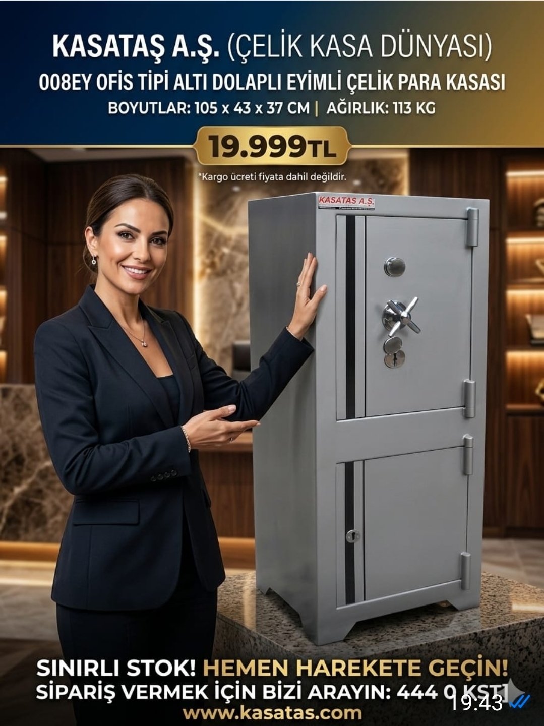 "                               008EY OFİS TİPİ ALTI DOLAPLI KOMPLE GRİ RENK EYİMLİ ÇELİK PARA KASASI 105*43*37CM 113KĞ ( 399€ )+KDV KARGO ÜCRET FİYATA DAHİL DEGİLDİR. " KAMPANYALI ÜRÜN "