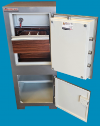 "       0010PACK GAZİANTEP OFİS TİPİ ALTI DOLAPLI PARMAK İZLİ  ELEKTRONİK ŞİFRELİ İÇİNDE TELESKOPİK RAYLI SAAT İÇİN 2 ADET AHŞAP ÇEKMECELİ YAPRAK MENTEŞELİ ÇELİK PARA KASASI 125*50*45CM 250KĞ ( 1350€ )+KDV